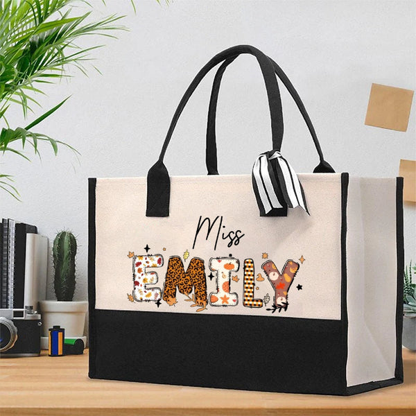 Personalized Name Fall Season Leopard Print Cotton Tote Bag