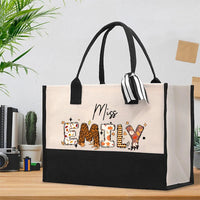 Personalized Name Fall Season Leopard Print Cotton Tote Bag