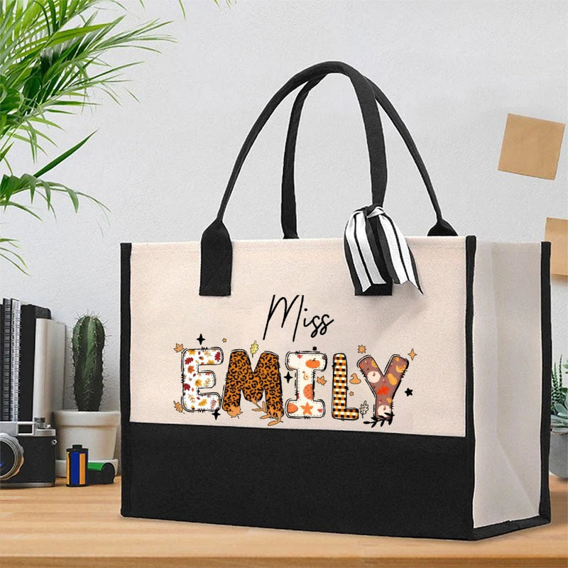 Personalized Name Fall Season Leopard Print Cotton Tote Bag