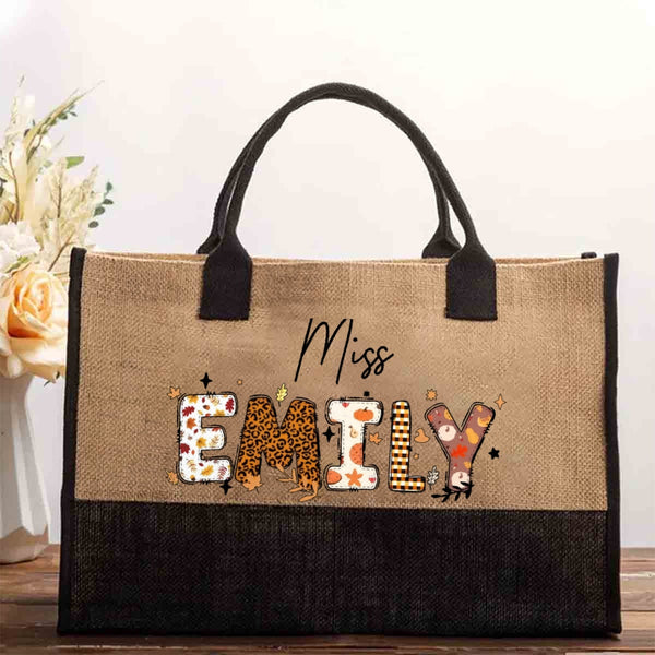 Personalized Name Fall Season Leopard Print Cotton Tote Bag
