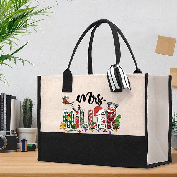 Personalized Name Christmas Elk Snowman Gingerbread Figurine Cotton Tote Bag