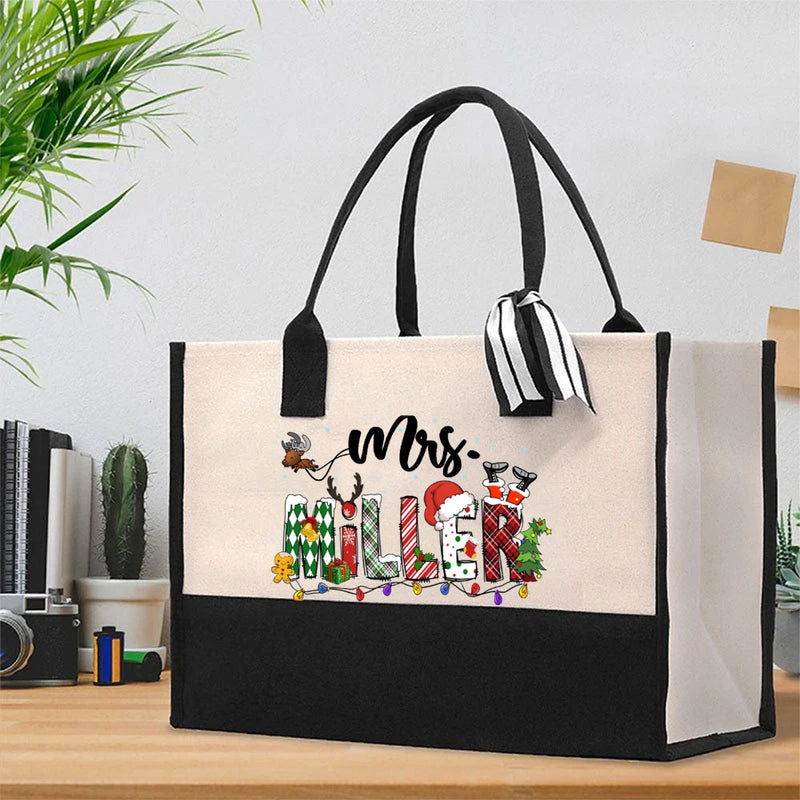 Personalized Name Christmas Elk Snowman Gingerbread Figurine Cotton Tote Bag