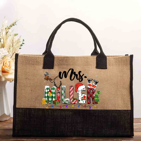 Personalized Name Christmas Elk Snowman Gingerbread Figurine Cotton Tote Bag