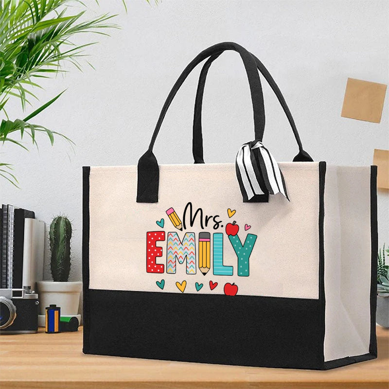 Personalized Name Pencil Colorful Heart Cotton Tote Bag