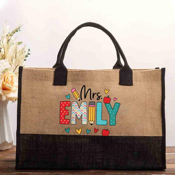 Personalized Name Pencil Colorful Heart Cotton Tote Bag
