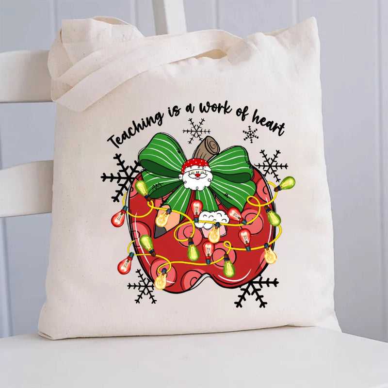 Teaching Is A Work Of Heart Bow Apples And Christmas Lights Canvas Tote Bag