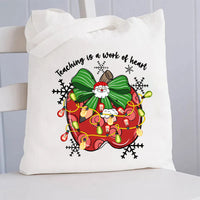 Teaching Is A Work Of Heart Bow Apples And Christmas Lights Canvas Tote Bag