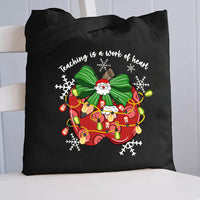 Teaching Is A Work Of Heart Bow Apples And Christmas Lights Canvas Tote Bag