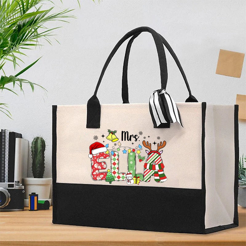Personalized Name Christmas Atmosphere Fonts And Snowflakes Christmas Cotton Tote Bag