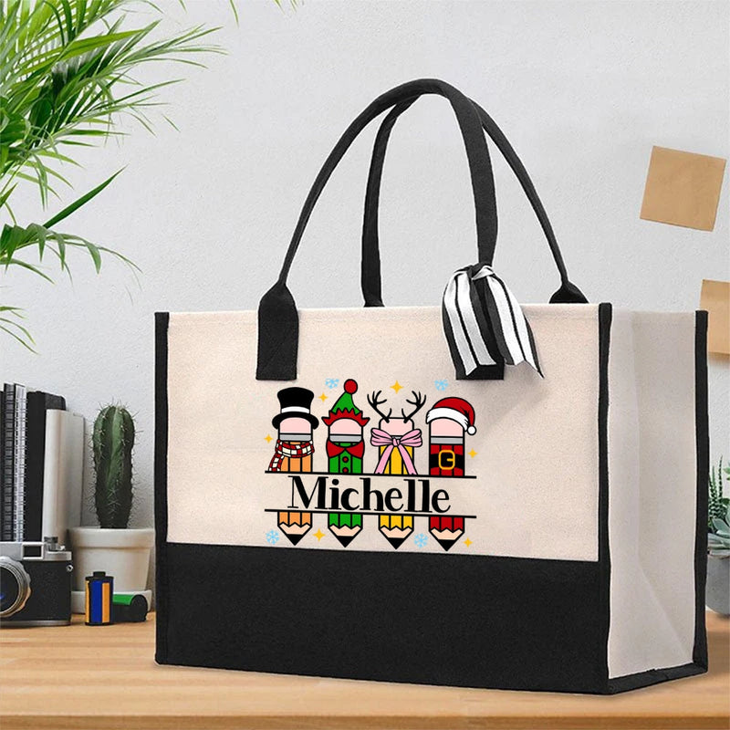 Personalized Name Colorful Crayons And Snowflakes Cotton Tote Bag