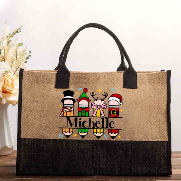 Personalized Name Colorful Crayons And Snowflakes Cotton Tote Bag