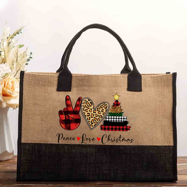 Peace Love Christmas Leopard Heart Cotton Tote Bag