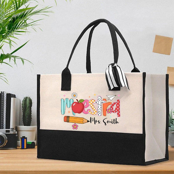 Personalized Name Maestra Apple And Pencil Cotton Tote Bag