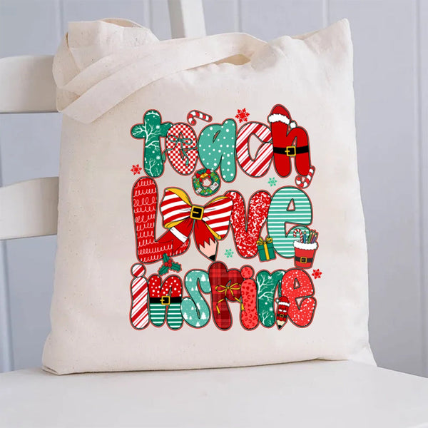 Teach Love Inspire Christmas Bow Canvas Tote Bag