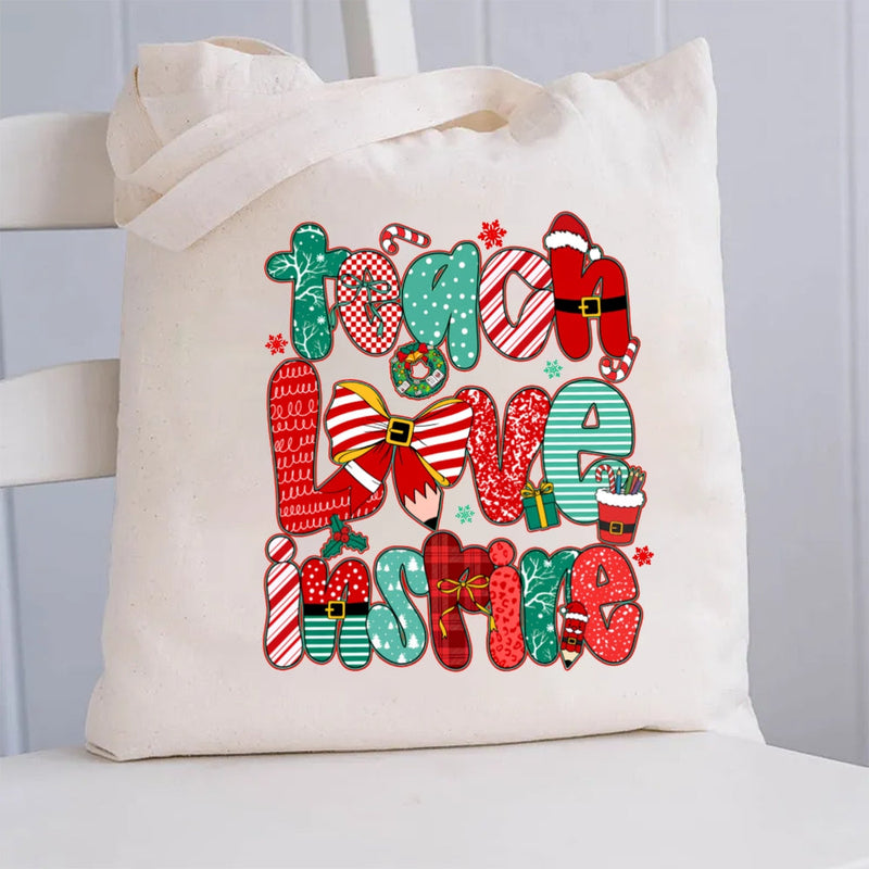 Teach Love Inspire Christmas Bow Canvas Tote Bag