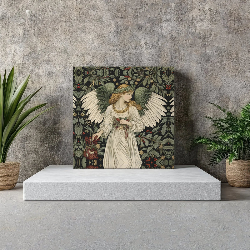 Holly Berry Damask Holiday Print, Victorian Christmas Angel Canvas Wall Art, Arts and Crafts Winter Poster, Digital Download Art