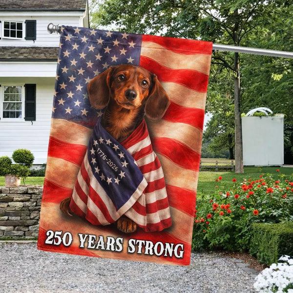 Dachshund Garden Flag Patriotic American 250 Years Strong | Double-Sided Premium Polyester | Outdoor Yard Decor for Dog Lovers