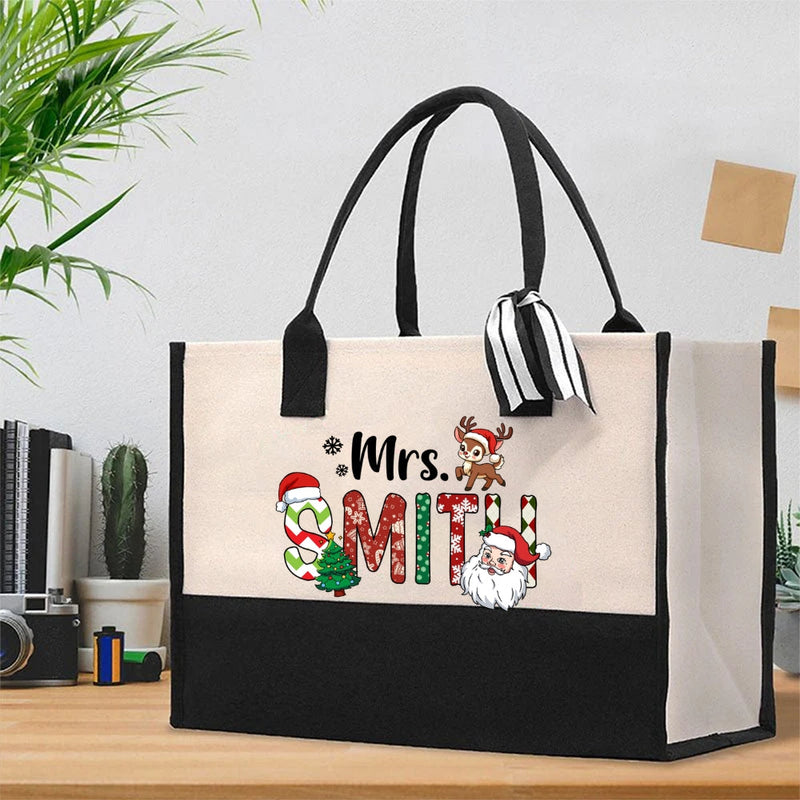 Personalized Name Christmas Printed Cotton Tote Bag