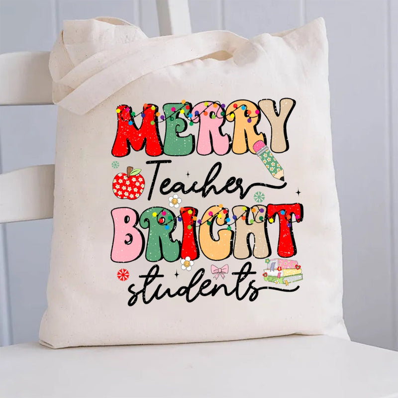 Merry Teacher Bright Students Christmas Canvas Tote Bag