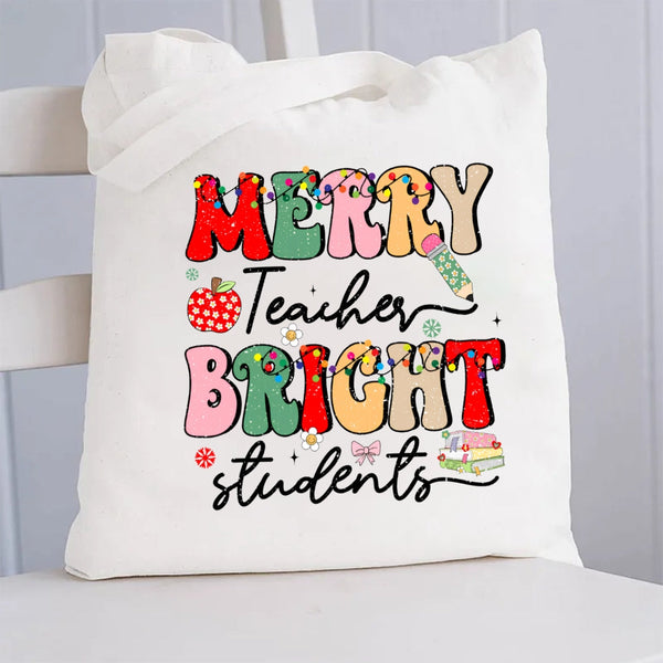 Merry Teacher Bright Students Christmas Canvas Tote Bag