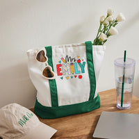 Personalized Name Apple Heart Teachers Daily Color-blocked Canvas Bag