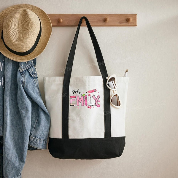 Personalized Name Pink Polka Dot Plaid Design Daily Color-Blocked Canvas Bag
