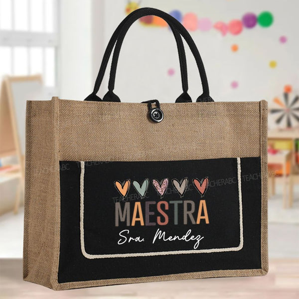 Personalized name Maestra Colorful Heart Color-Blocking Tote Bag
