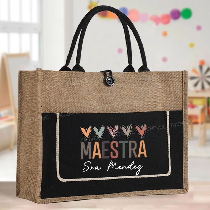 Personalized name Maestra Colorful Heart Color-Blocking Tote Bag