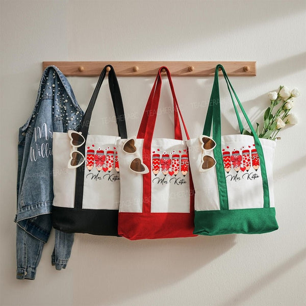 Personalized Name Heart And Bow Pencil Teacher Color-blocked Canvas Bag