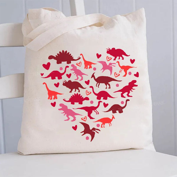 Cute Dinosaur Heart Canvas Tote Bag