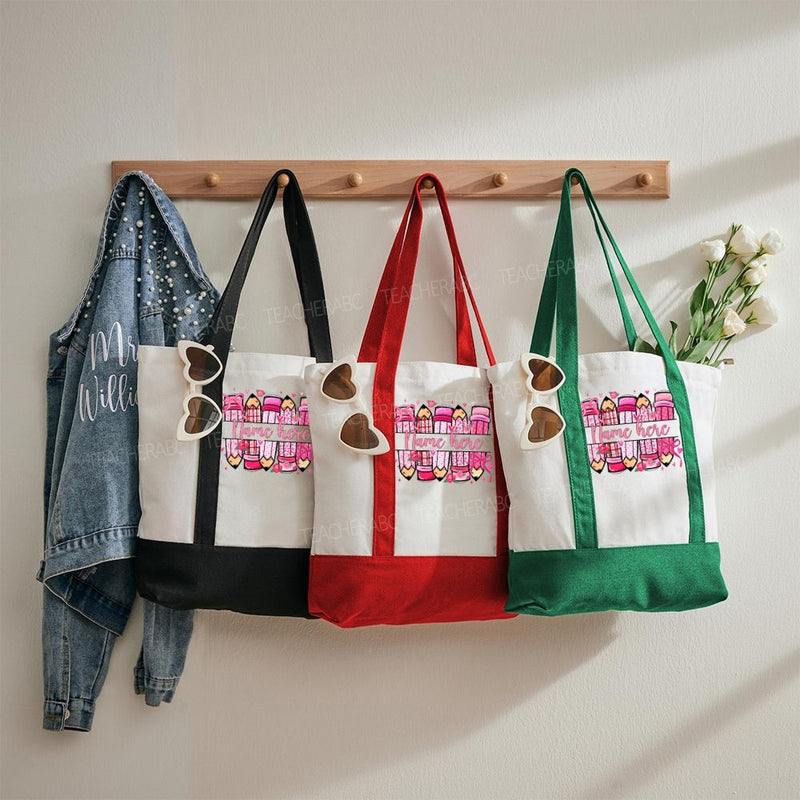 Personalized Name Valentine's Day Pink Pencil Color-blocked Canvas Bag