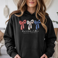 America 250 Years Hoodie | Patriotic Coquette Bow Design Red White Blue | Cotton-Polyester Blend Comfort | Gift for July 4th Celebration
