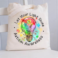 Let Your Light Shine Autism Awareness Colorful Light Bulb Canvas Tote Bag