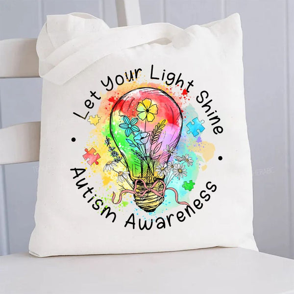 Let Your Light Shine Autism Awareness Colorful Light Bulb Canvas Tote Bag