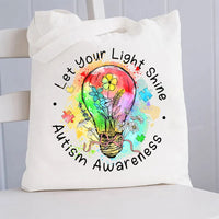 Let Your Light Shine Autism Awareness Colorful Light Bulb Canvas Tote Bag
