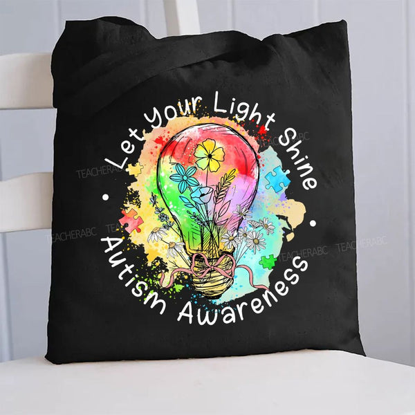 Let Your Light Shine Autism Awareness Colorful Light Bulb Canvas Tote Bag