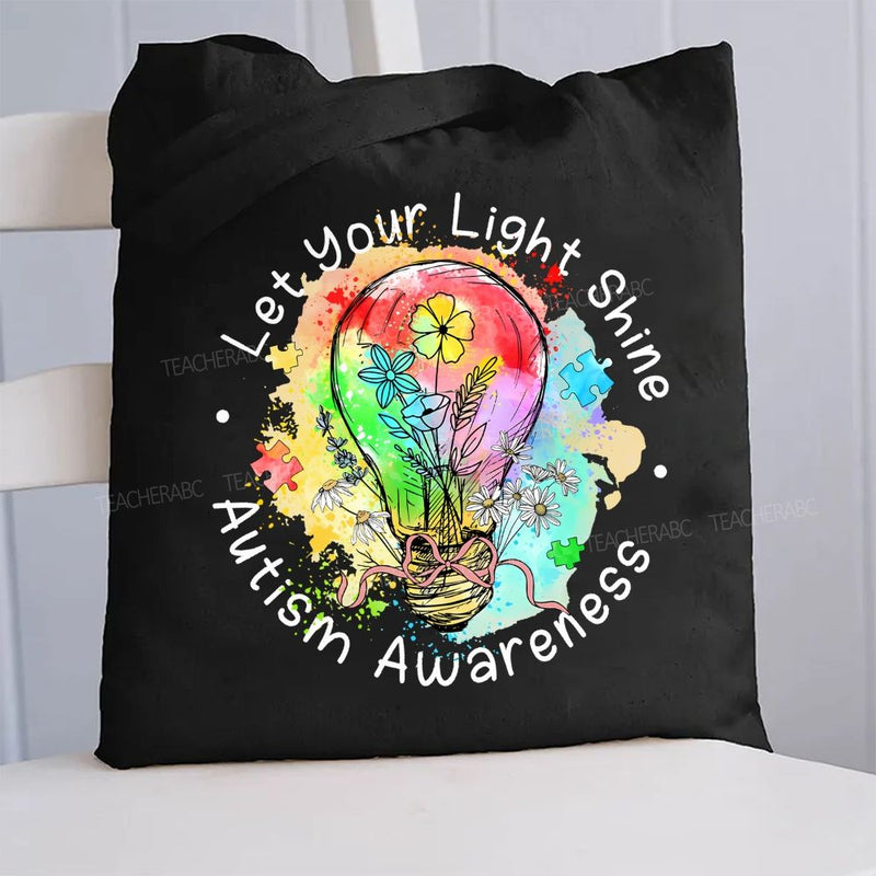 Let Your Light Shine Autism Awareness Colorful Light Bulb Canvas Tote Bag