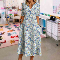 Springtime Blue Ditsy Floral Print Dress