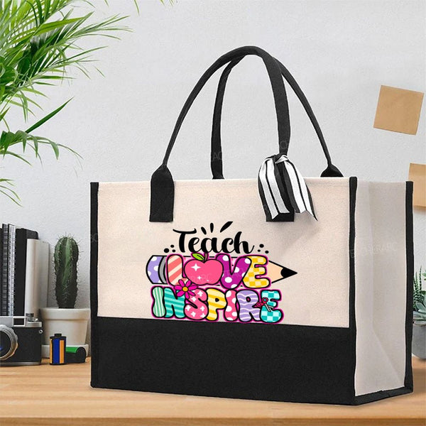 Teach Love Inspire Pencil Strip Plaid Cotton Tote Bag