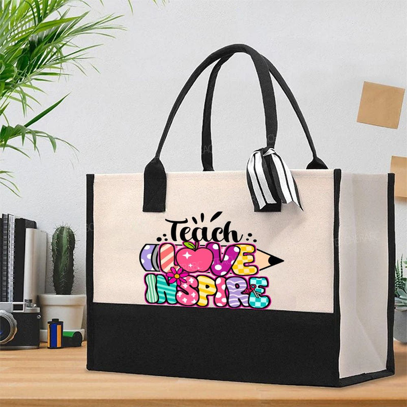 Teach Love Inspire Pencil Strip Plaid Cotton Tote Bag