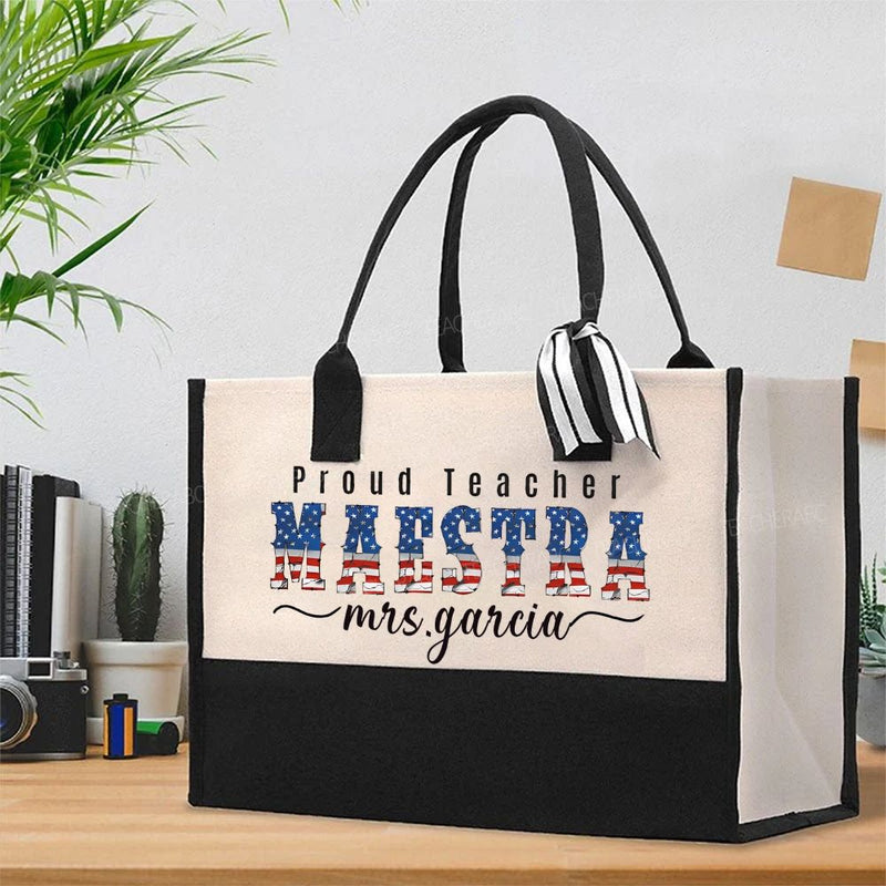 Personalized Name Proud Teacher Maestra Cotton Tote Bag