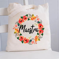 Maestra And Wreath Bilingual Teacher Canvas Tote Bag