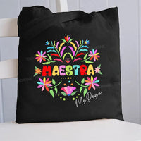 Personalized Name Maestra Heart-Shaped Font And Flowers Canvas Tote Bag