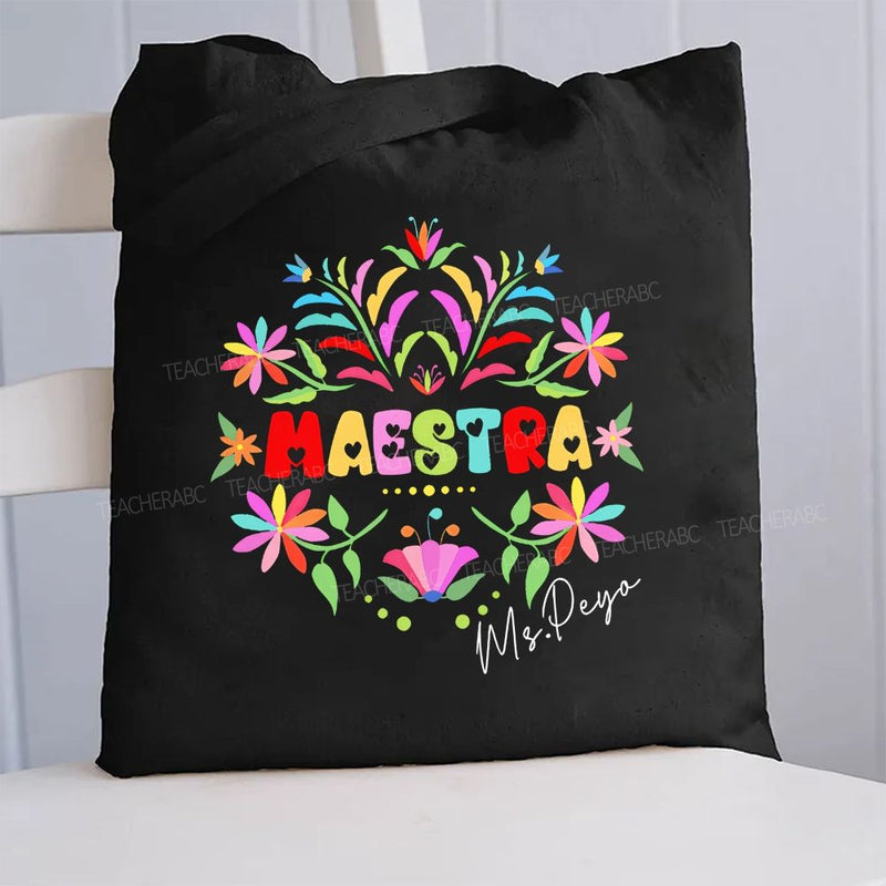 Personalized Name Maestra Heart-Shaped Font And Flowers Canvas Tote Bag