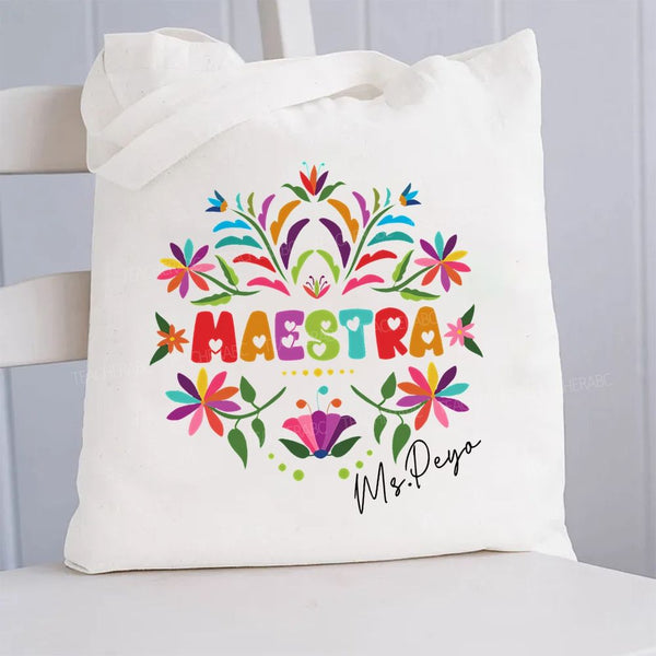 Personalized Name Maestra Heart-Shaped Font And Flowers Canvas Tote Bag