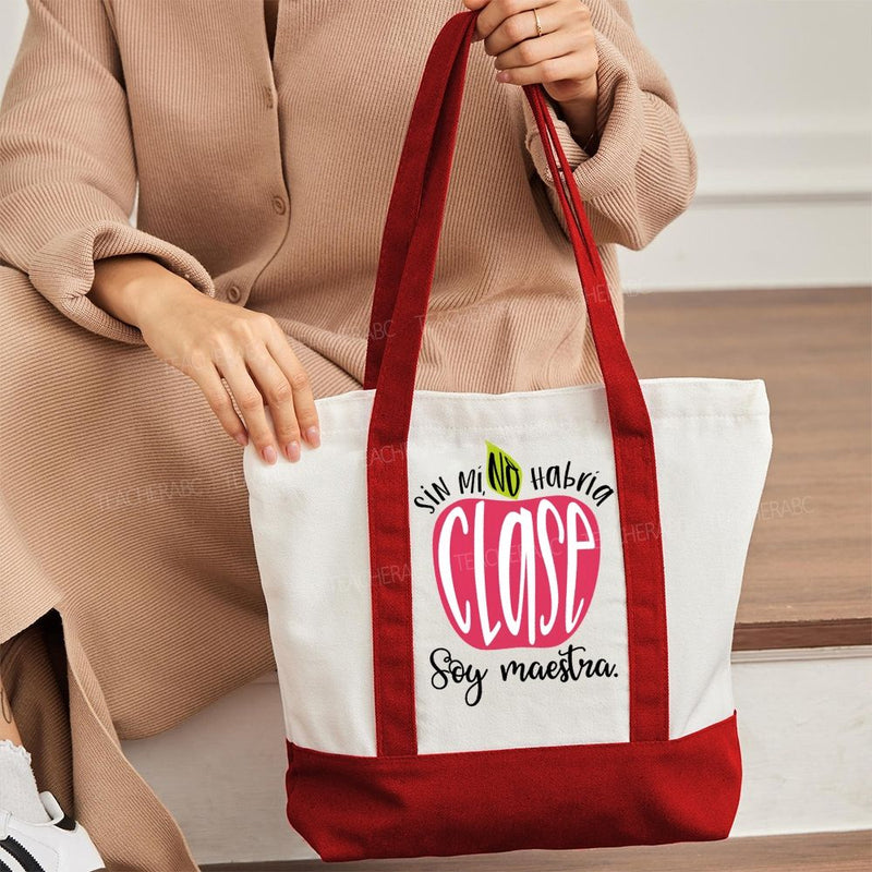 Sin Mi No Habrá Clase Soy Maestra Color-blocked Canvas Bag