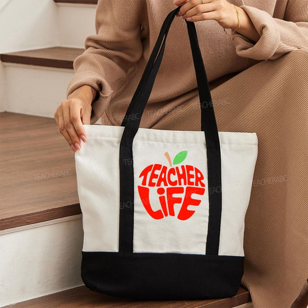 Teacher Life Apple Color-blocked Canvas Bag