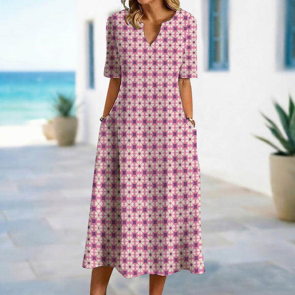 Pink Plaid and Floral Print Dress