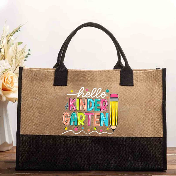 Personalized Grade Hello Kinder Garten Star Pink Apple Pencil Teacher Cotton Tote Bag