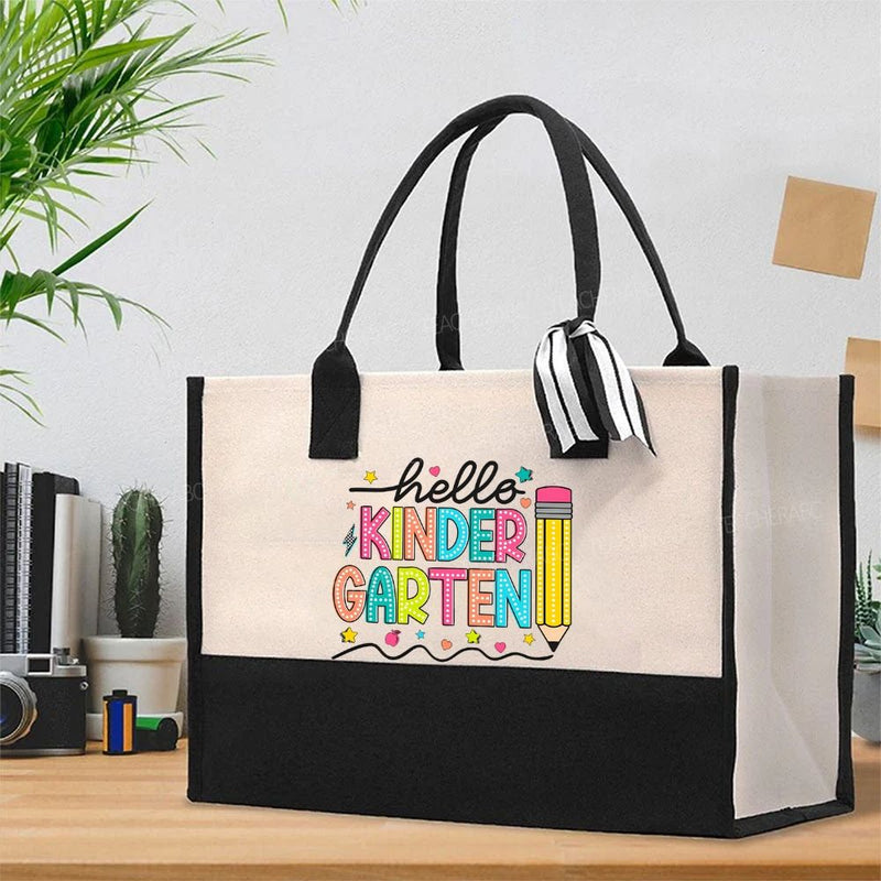 Personalized Grade Hello Kinder Garten Star Pink Apple Pencil Teacher Cotton Tote Bag